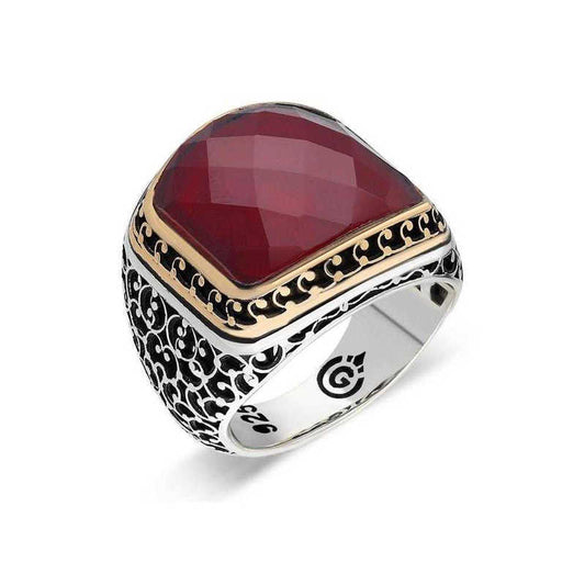 Roter Stein Rubin Farbe Herren Silber Ring