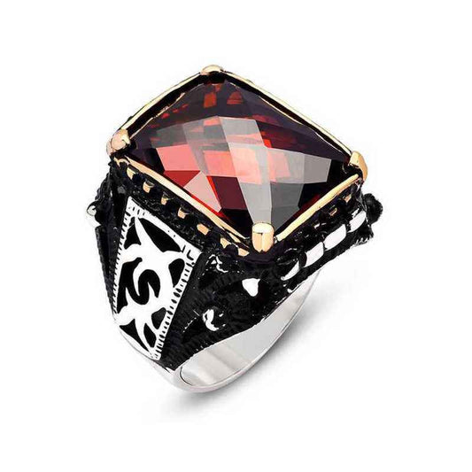 Red Zircon Stone Men's Silver Ring