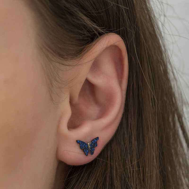 Navy Blue Butterfly Silver Earrings