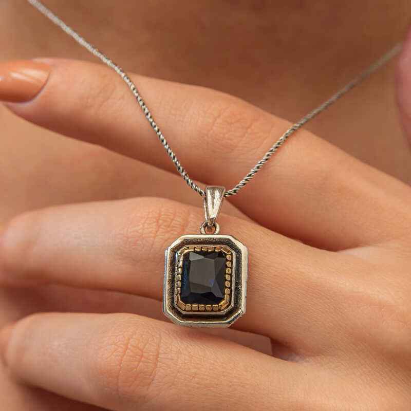 Lacivert Stone Rectangular Women's Silver Necklace