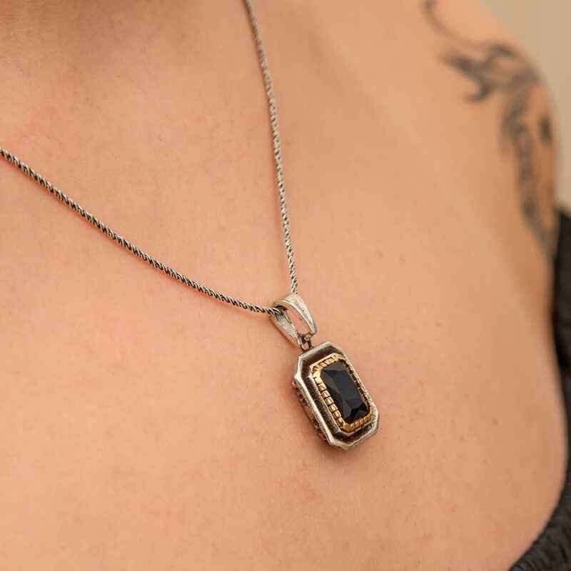 Lacivert Stone Rectangular Women's Silver Necklace