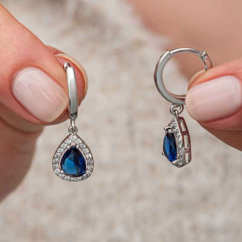 Navy Blue Zircon Stone Drop Silver Earrings