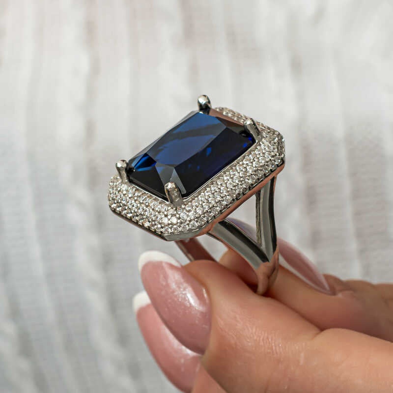 Navy Blue Zircon Stone Women's Silver Ring