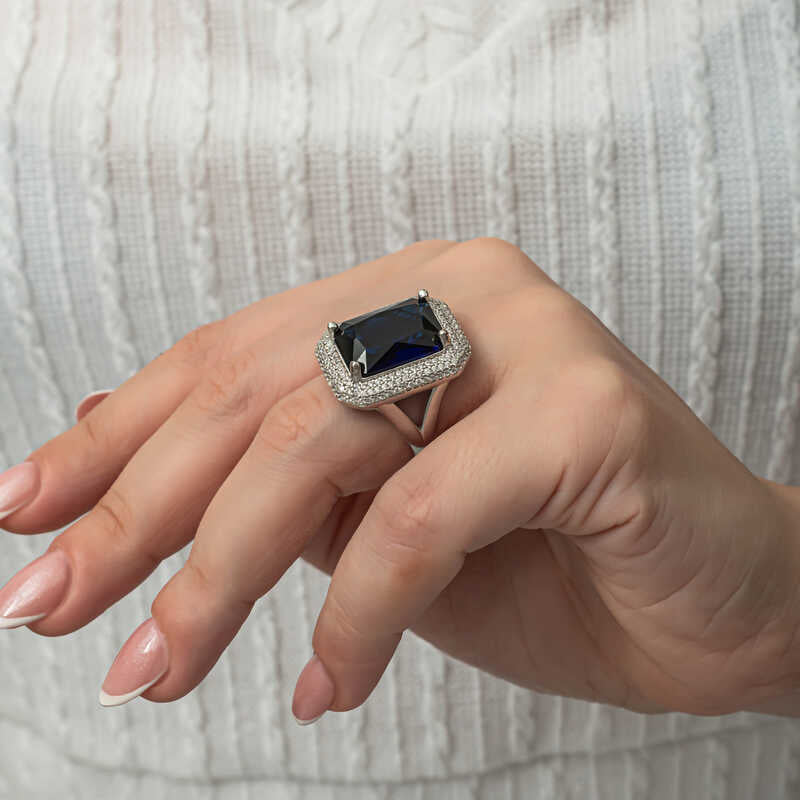 Navy Blue Zircon Stone Women's Silver Ring