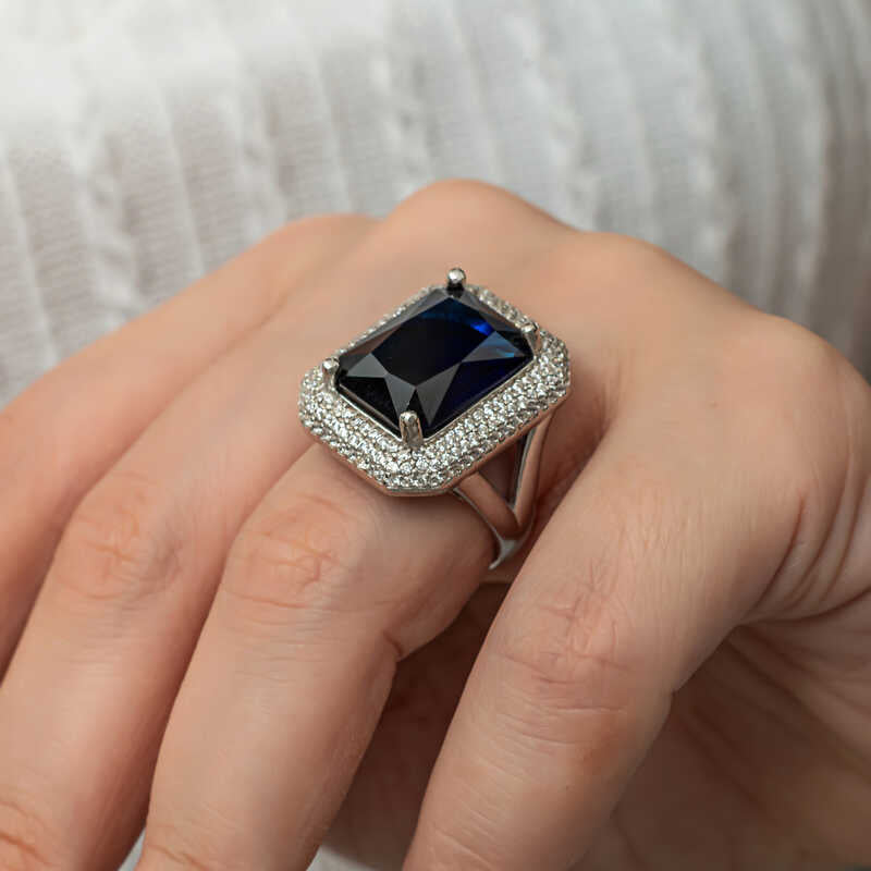 Navy Blue Zircon Stone Women's Silver Ring
