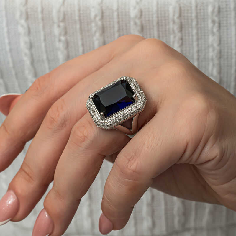 Navy Blue Zircon Stone Women's Silver Ring