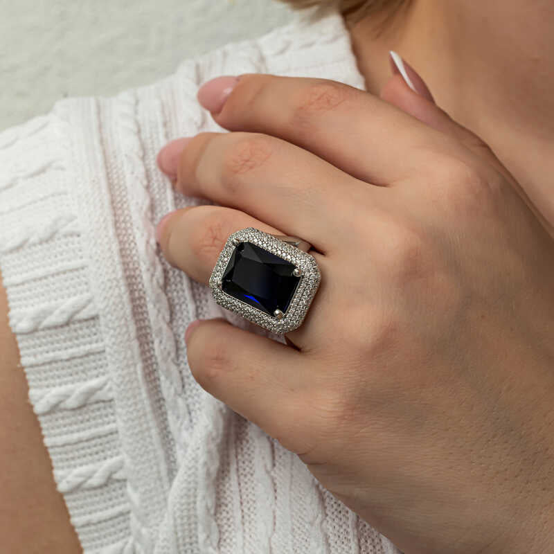 Navy Blue Zircon Stone Women's Silver Ring