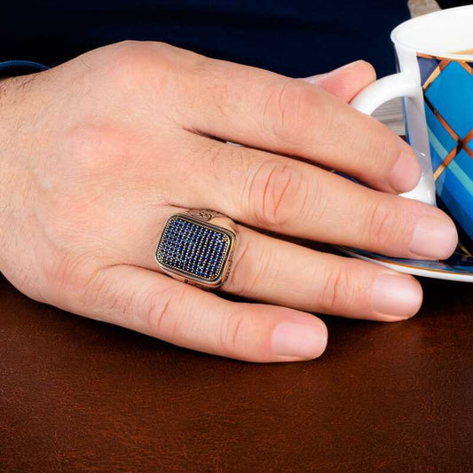 Bague carrée en argent pour homme avec pierre de zircone bleue