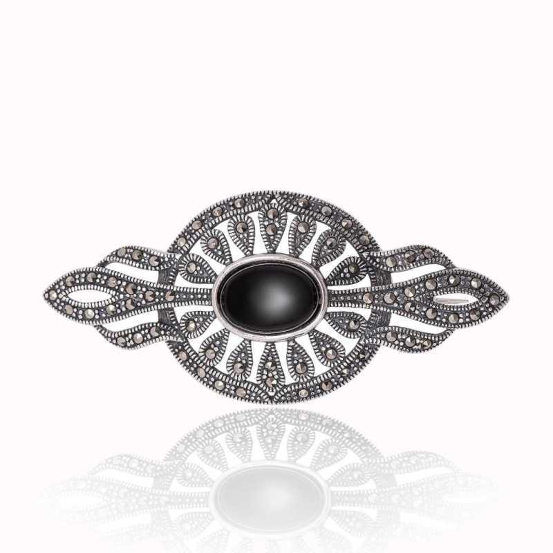 Marcasite and Onyx Stone Silver Brooch