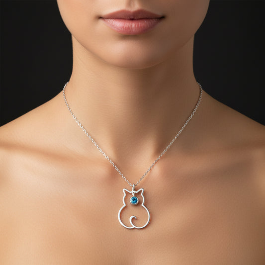 March Birthstone Cat Women's Silver Necklace