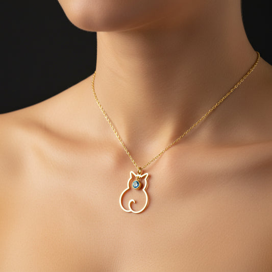 March Birthstone Cat Women's Silver Necklace