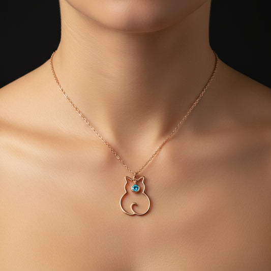 March Birthstone Cat Women's Silver Necklace