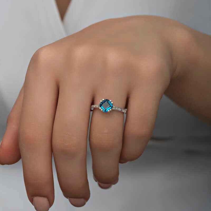Blue Baguette Single Stone Women's Silver Ring