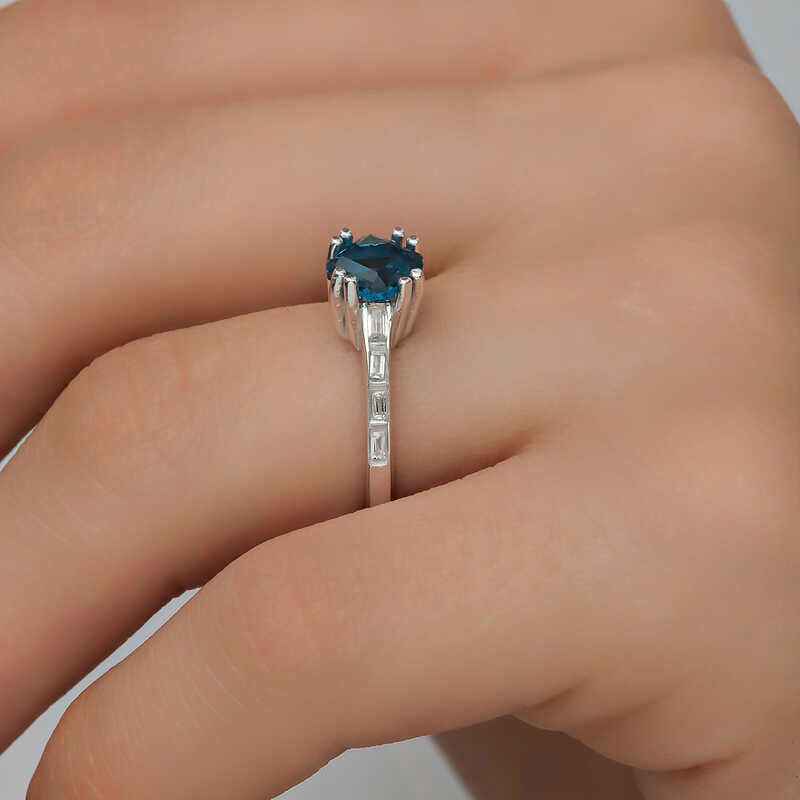 Blue Baguette Single Stone Women's Silver Ring