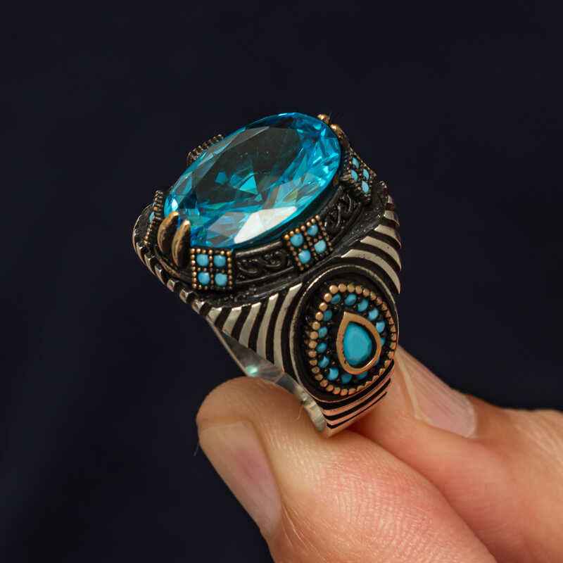 Blue Faceted Stone Men's Silver Ring