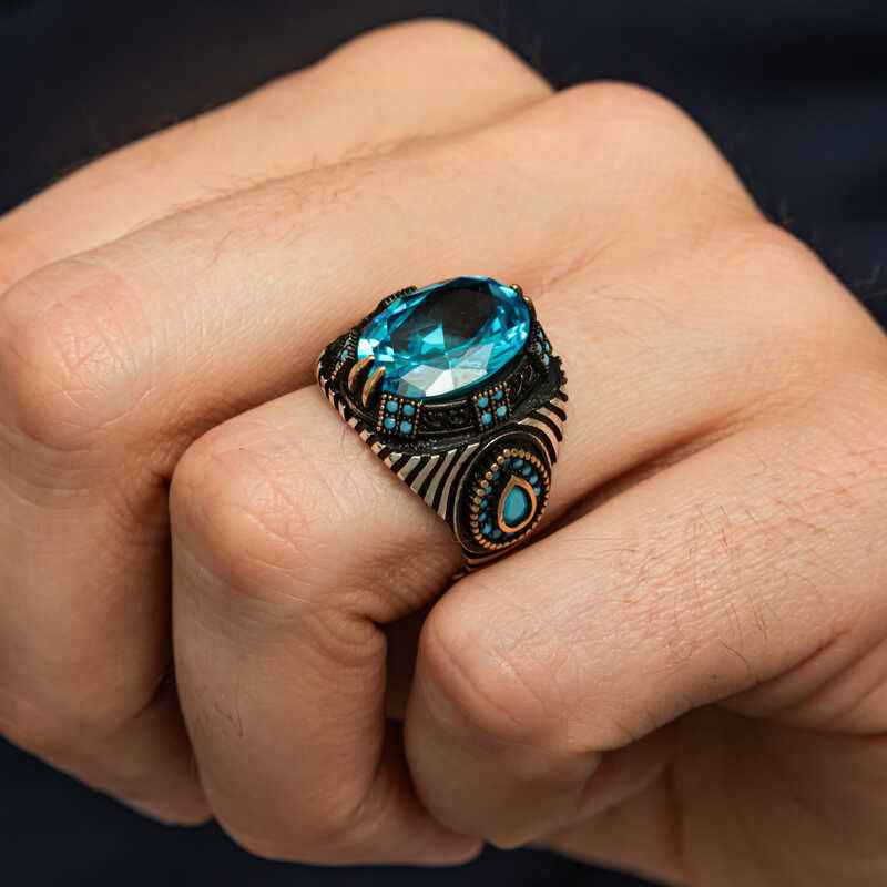 Blue Faceted Stone Men's Silver Ring