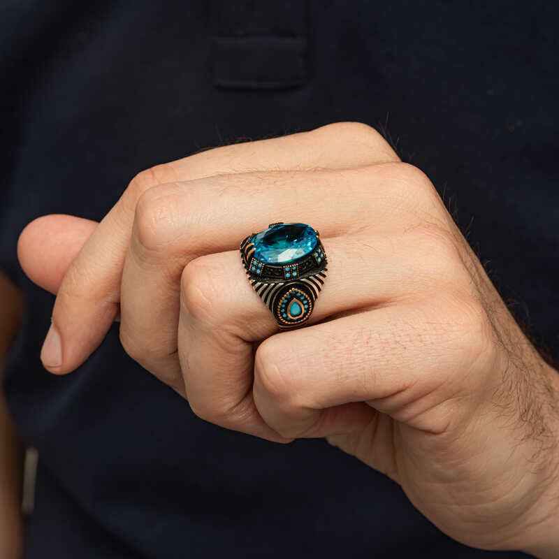 Blue Faceted Stone Men's Silver Ring