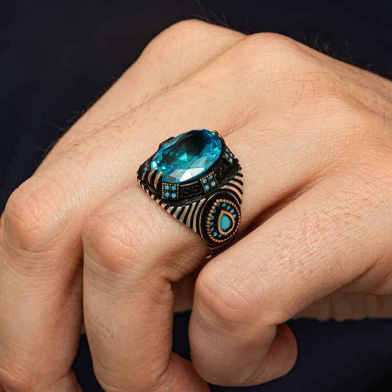 Blue Faceted Stone Men's Silver Ring