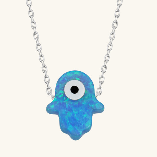 Blue Evil Eye Opal Hand of Fatima Women's Silver Necklace