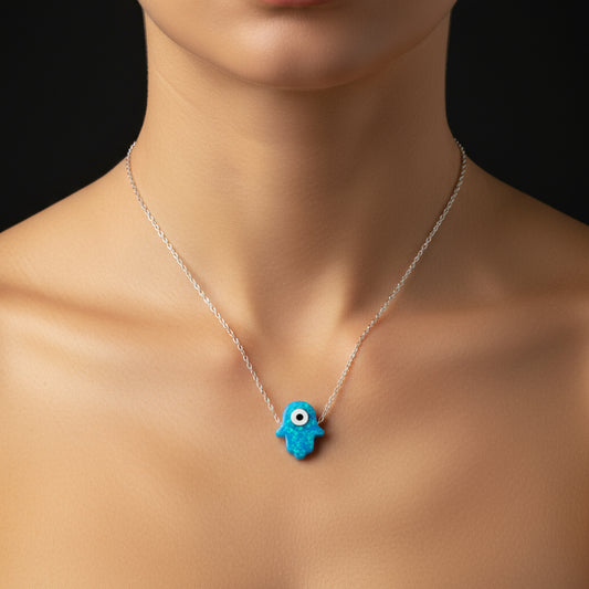 Blue Evil Eye Opal Hand of Fatima Women's Silver Necklace