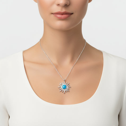 Blauer Opalstein Sonne Damen Silber Halskette