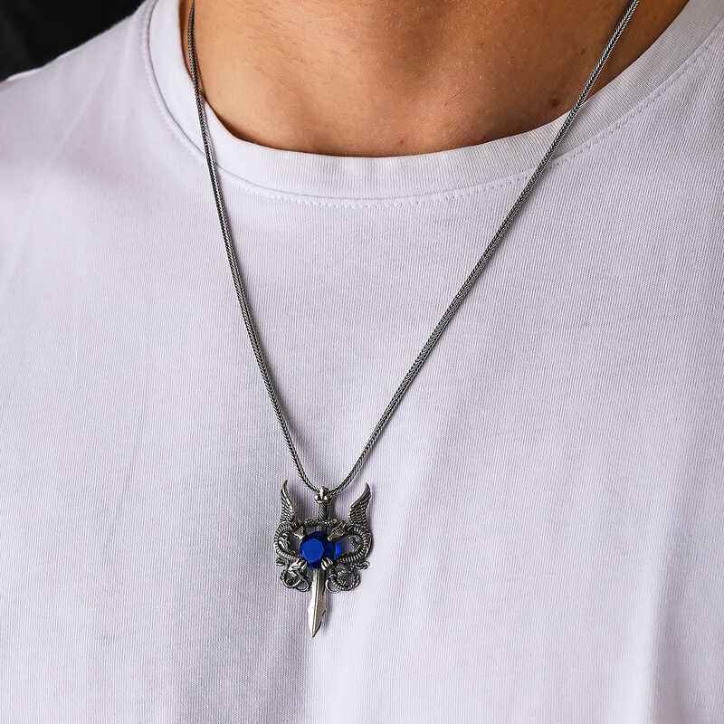 Blue Stone Dragon Men's Sword Silver Pendant