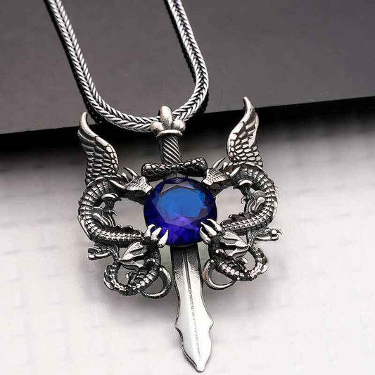 Blue Stone Dragon Men's Sword Silver Pendant