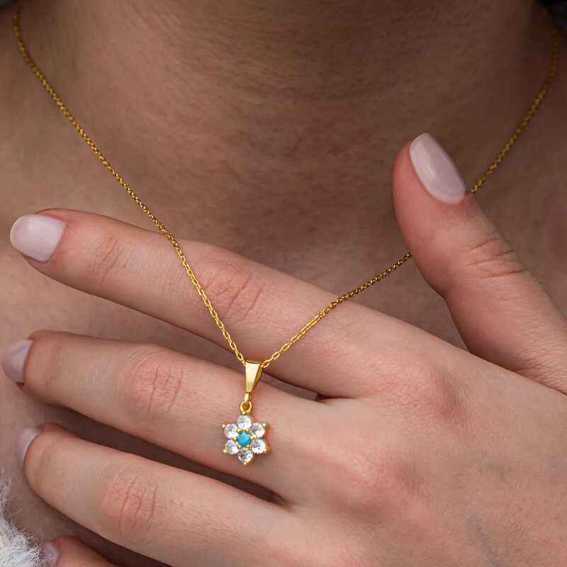 Blue Stone Gold Plated Flower Women's Silver Necklace