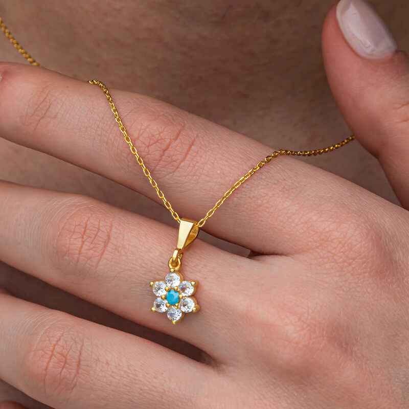 Blue Stone Gold Plated Flower Women's Silver Necklace