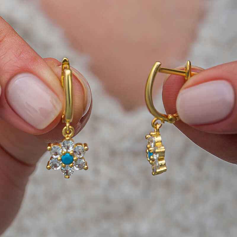 Blue Stone Gold Plated Flower Women's Silver Earring