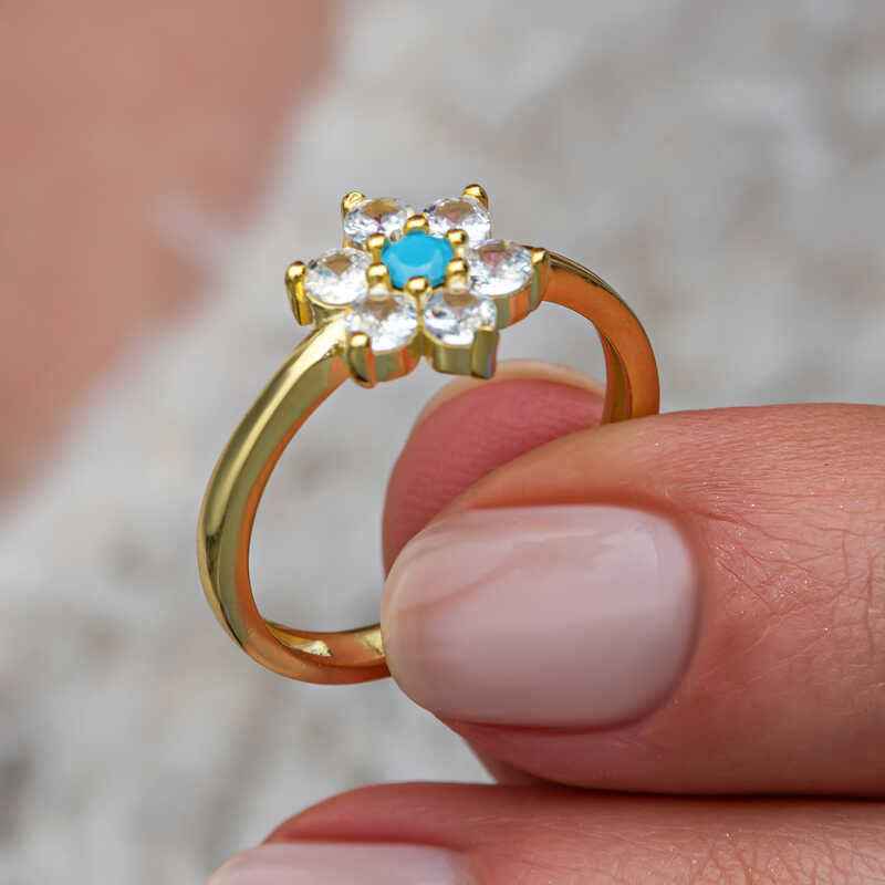 Blue Stone Gold Plated Flower Women's Silver Ring