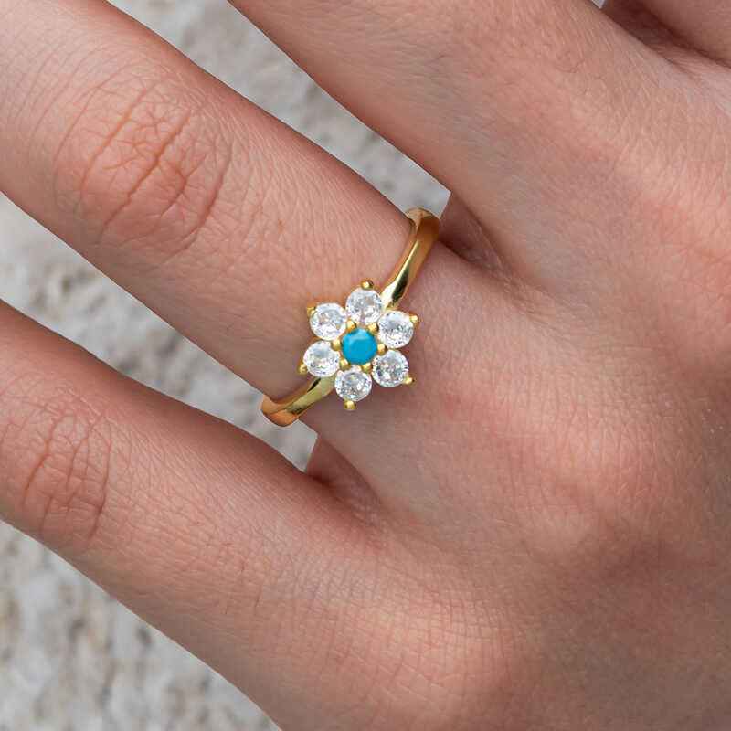 Blue Stone Gold Plated Flower Women's Silver Ring
