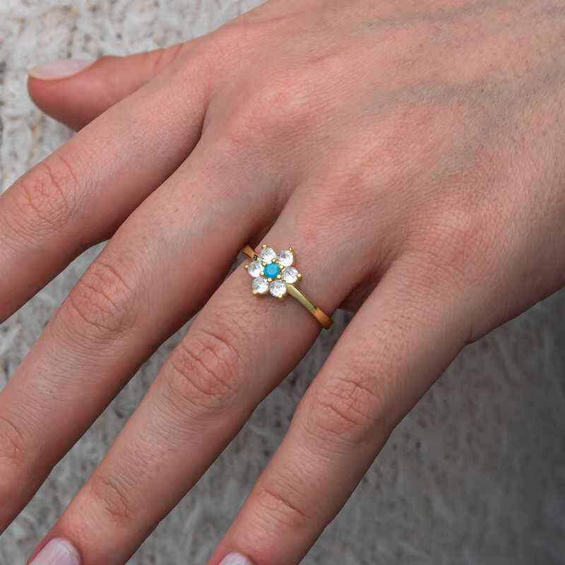 Blue Stone Gold Plated Flower Women's Silver Ring