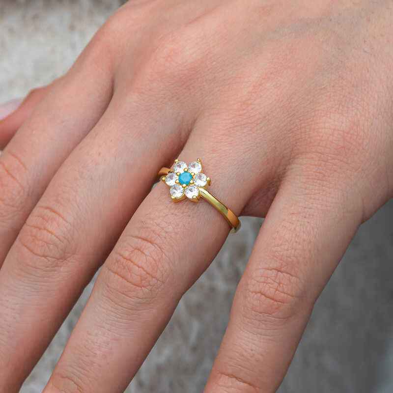 Blue Stone Gold Plated Flower Women's Silver Ring