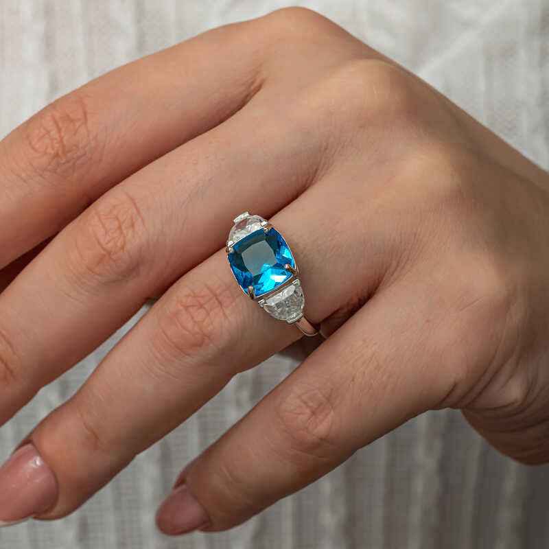Blue Zircon Stone Women's Silver Ring