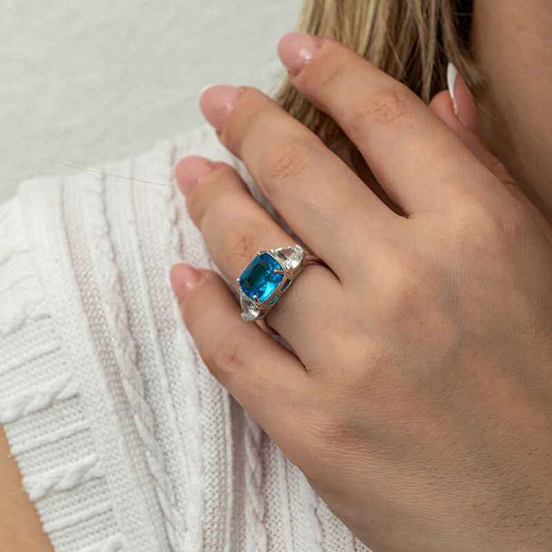 Blue Zircon Stone Women's Silver Ring