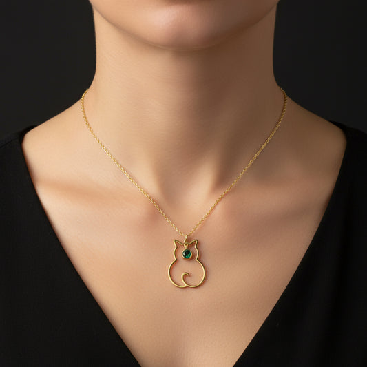 May Birthstone Cat Women's Silver Necklace