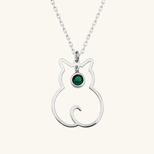 May Birthstone Cat Women's Silver Necklace
