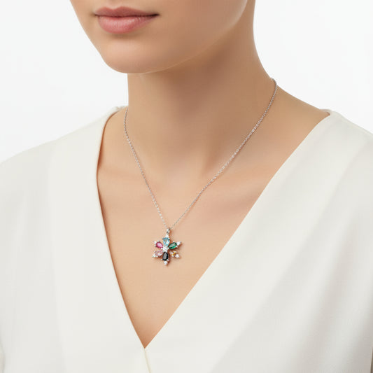 Gemischte Stein Lotus Blume Damen Silber Halskette