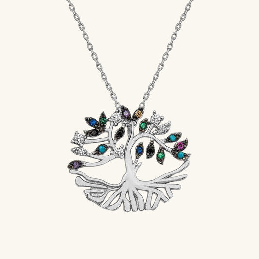 Mixed Stone Tuba Tree Silver Necklace