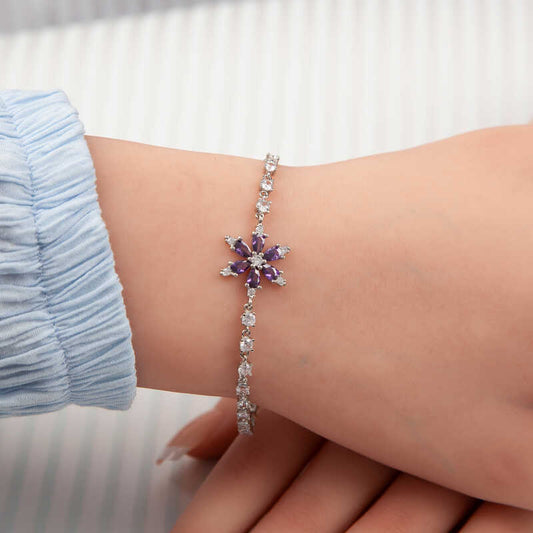 Purple Lotus Flower Women's Silver Bracelet