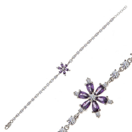 Purple Lotus Flower Women's Silver Bracelet