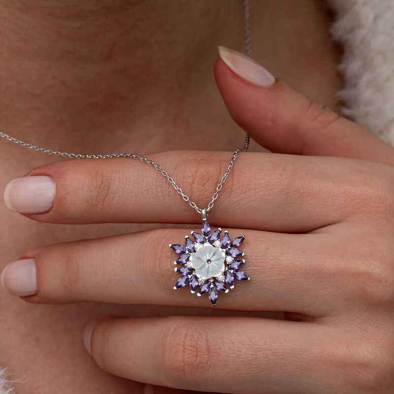 Purple Lotus Pattern Flower Women's Silver Necklace
