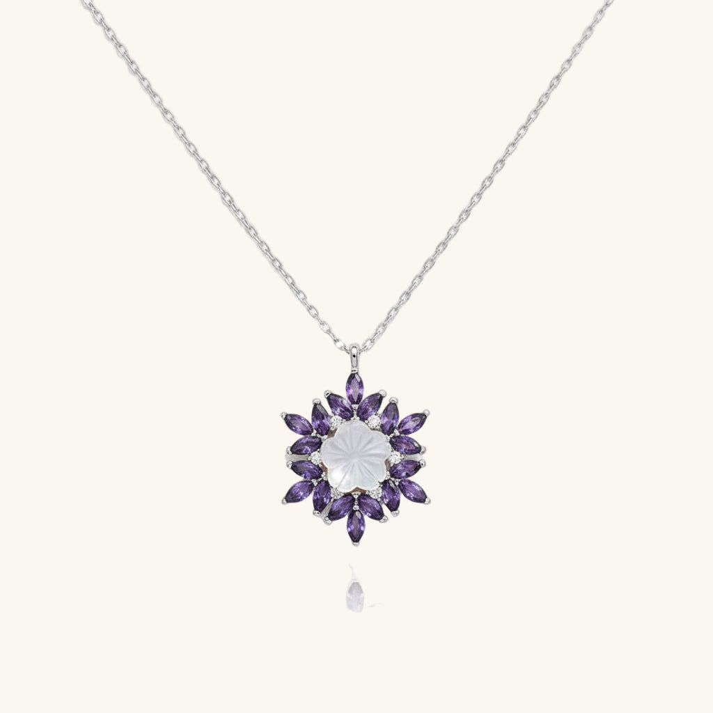 Purple Lotus Pattern Flower Women's Silver Necklace