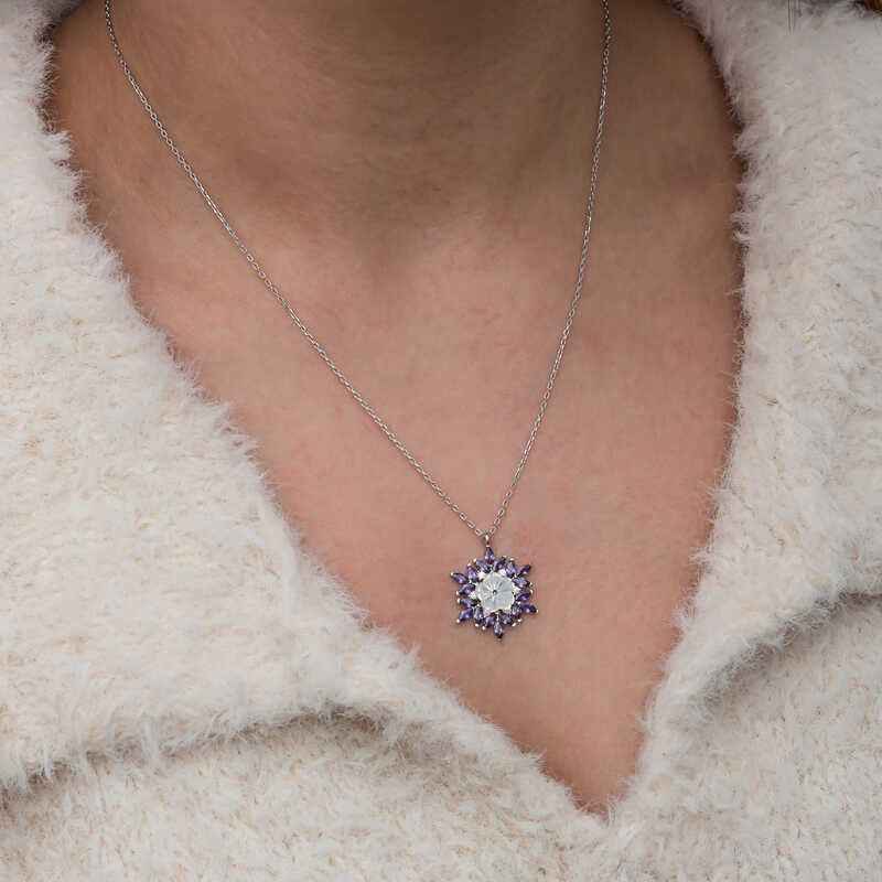 Purple Lotus Pattern Flower Women's Silver Necklace