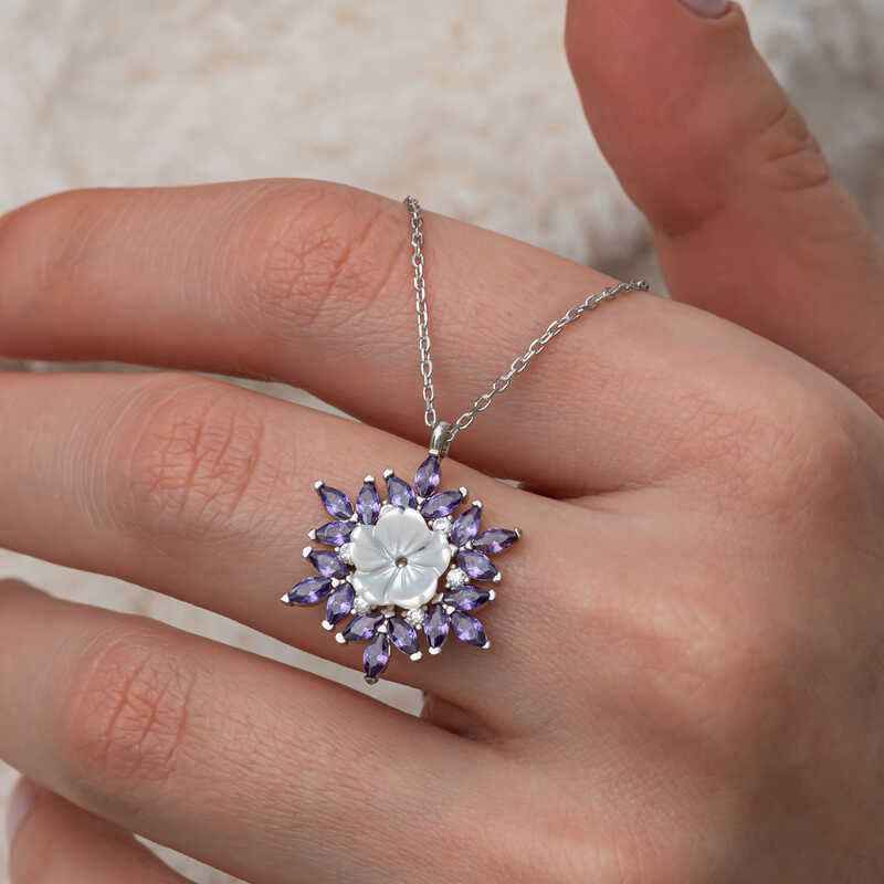 Purple Lotus Pattern Flower Women's Silver Necklace