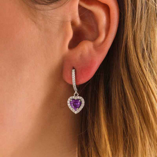 Purple Stone Heart Women's Silver Earrings