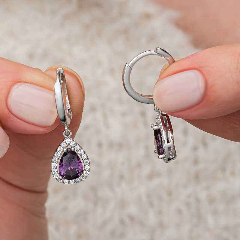 Purple Zircon Stone Drop Women's Silver Earrings