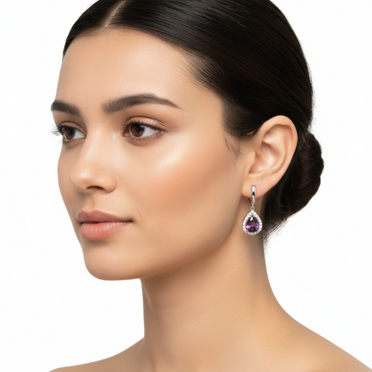 Purple Zircon Stone Drop Women's Silver Earrings