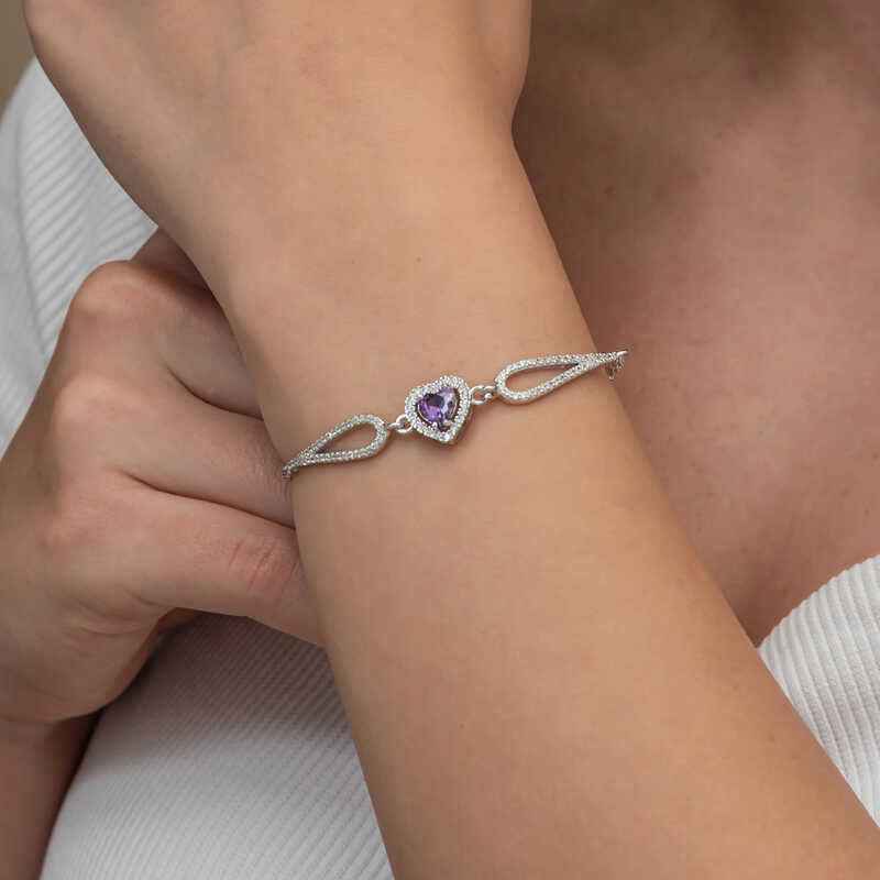Purple Zircon Heart Women's Silver Bracelet